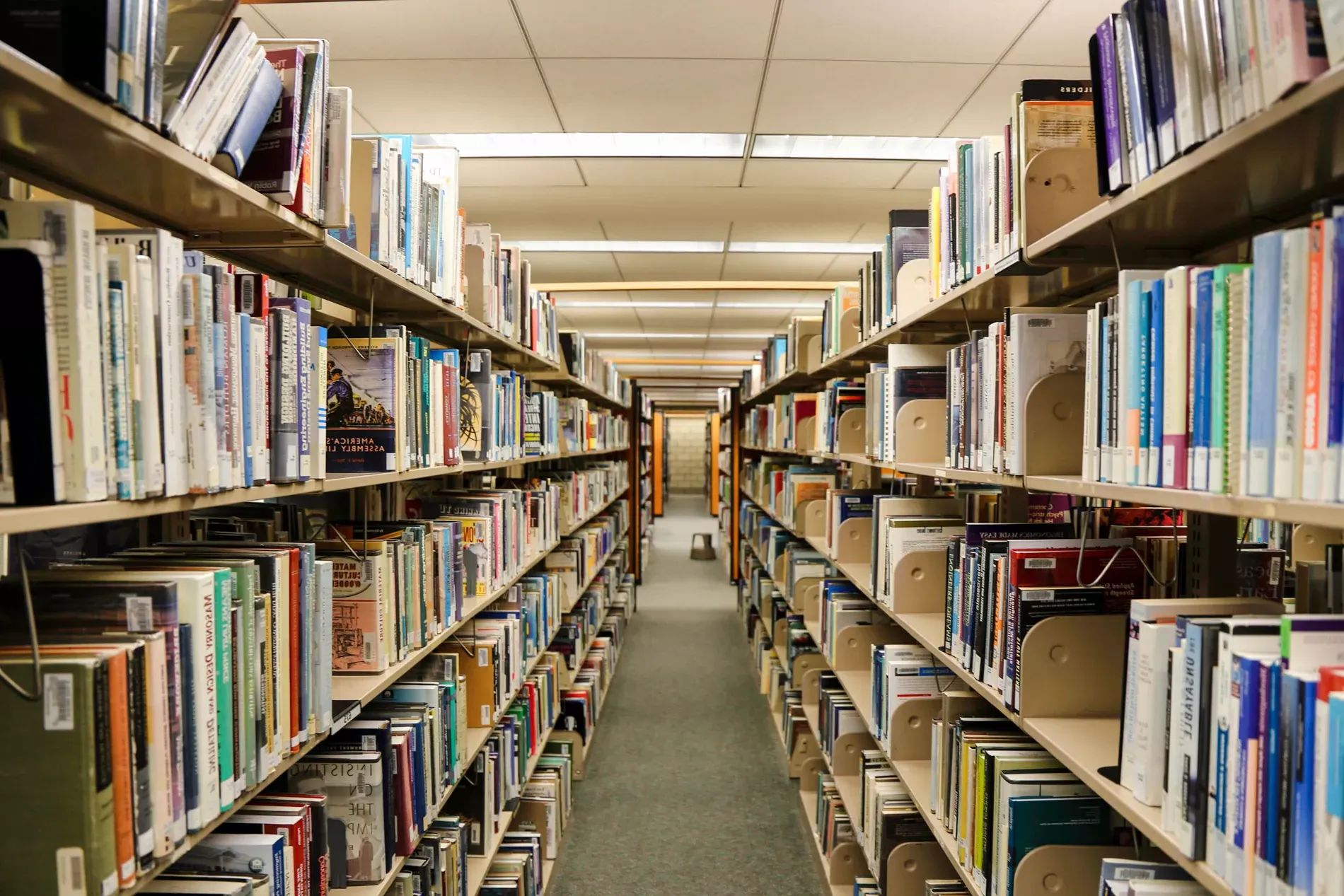 rows of bookshelves in library